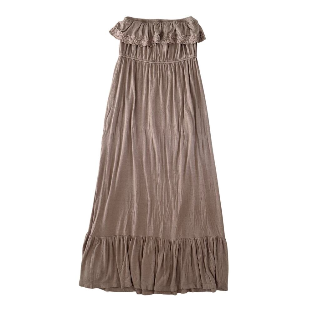 Forever 21 Strapless Long Dress Ruffle Top Crochet Trim Maxi Dress Small Brown